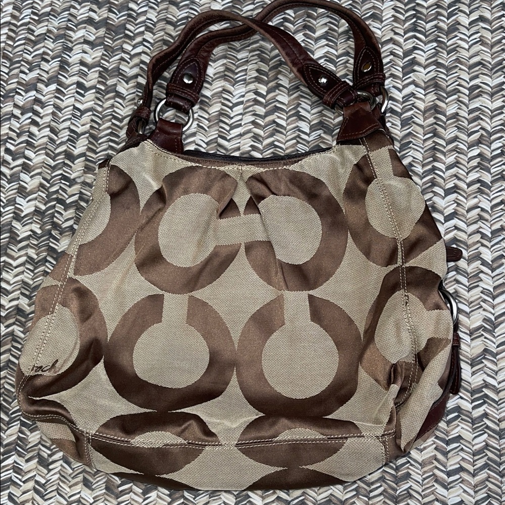 Coach Tan and Brown Patterned Shoulder Bag
